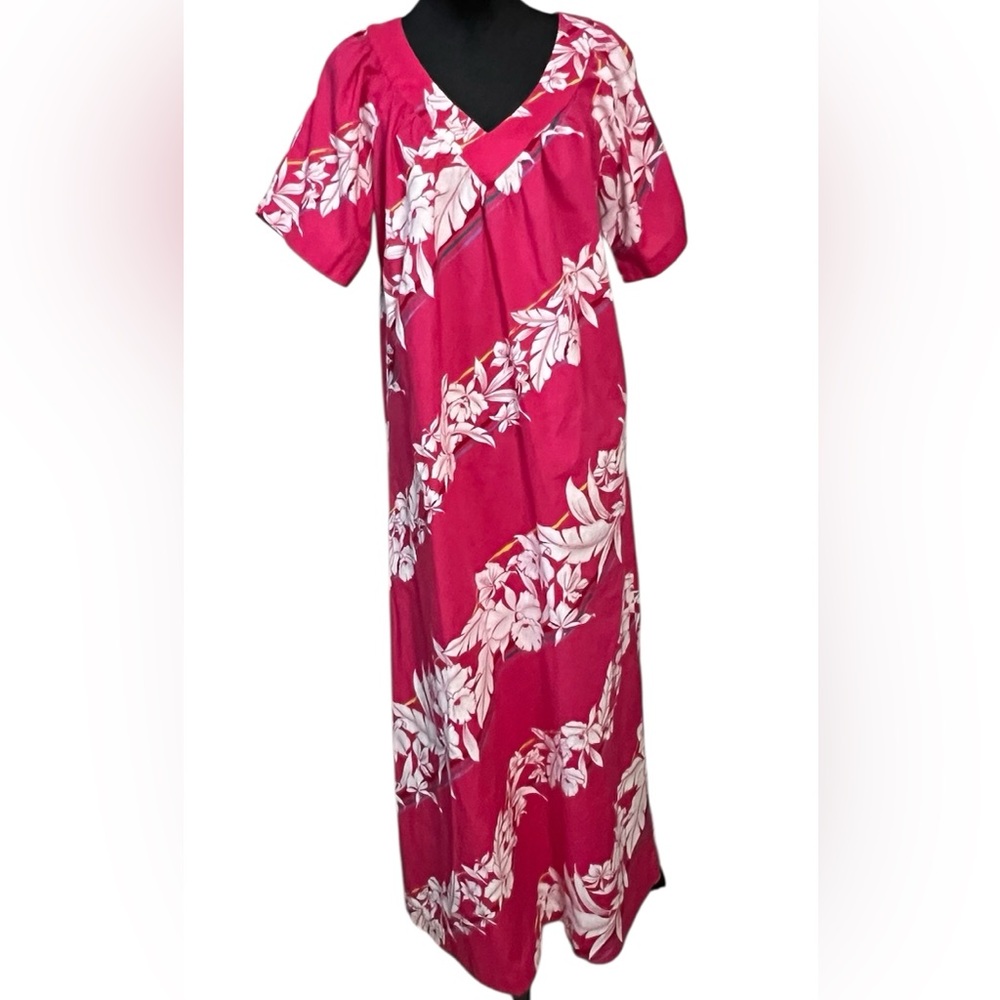 Malihini Hawaii Pink Floral Muumuu Maxi Dress Cap Sleeve Vintage EUC